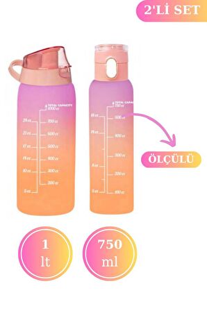 Flosoft Okul ve Sporcu Matarası Suluk, Motivasyonel Su Şişesi 2’li Set Turuncu (1000ml+750 ml)