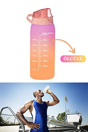 Flosoft Okul ve Sporcu Matarası Suluk, Motivasyonel Su Şişesi 2’li Set Turuncu (1000ml+750 ml)