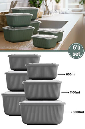 6 lı Erzak Gıda Saklama Kabı, Buzdolabı Düzenleyici Organizer 6 lı Set 2x(600ml,1100ml,1800ml) Gri