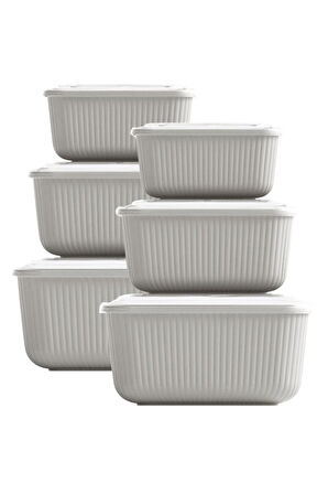 6 lı Erzak Gıda Saklama Kabı, Buzdolabı Düzenleyici Organizer 6 lı Set 2x(600ml,1100ml,1800ml) Ekru
