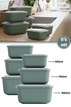 6 lı Erzak Gıda Saklama Kabı, Buzdolabı Düzenleyici Organizer 6 lı Set 2x(600ml,1100ml,1800ml) Yeşil