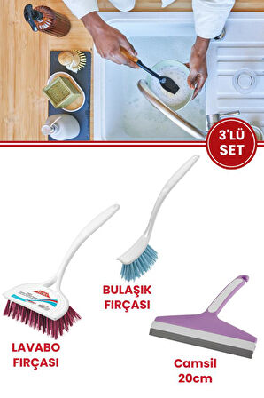 Flora 3’lü Trendy Temizlik Seti, F367 Bulaşık Fırçası + F388 Lavabo Küvet Fırçası + F009 Camsil Seti