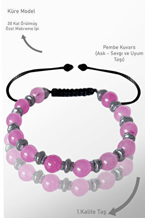 Sertifikalı Gerçek AAA+ Kalite Koyu Pembe Kuvars Taşı Bileklik