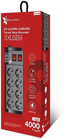 Termal Akım Korumalı 8'li Grup Priz, Isıya Karşı Dayanıklı, 8 x Priz - 3 x USB - 2 Metre Kablo Uzunluğu, Fulltech FTR-08