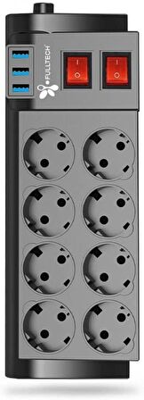Termal Akım Korumalı 8'li Grup Priz, Isıya Karşı Dayanıklı, 8 x Priz - 3 x USB - 2 Metre Kablo Uzunluğu, Fulltech FTR-08