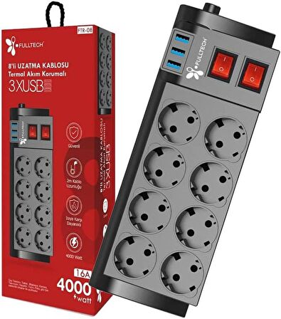 Termal Akım Korumalı 8'li Grup Priz, Isıya Karşı Dayanıklı, 8 x Priz - 3 x USB - 2 Metre Kablo Uzunluğu, Fulltech FTR-08