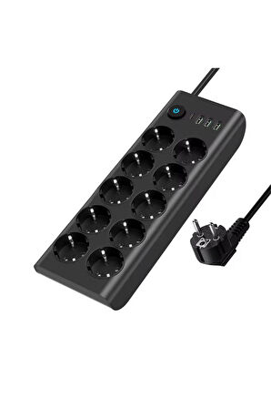 10'lu Priz ve 3 USB Çıkışlı Uzatma Kablosu – Anahtarlı, Güvenlik Korumalı, 2 Metre Kablo
