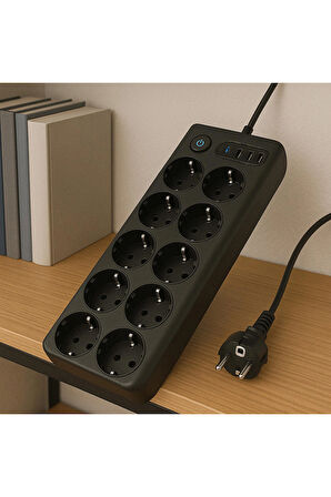 10'lu Priz ve 3 USB Çıkışlı Uzatma Kablosu – Anahtarlı, Güvenlik Korumalı, 2 Metre Kablo