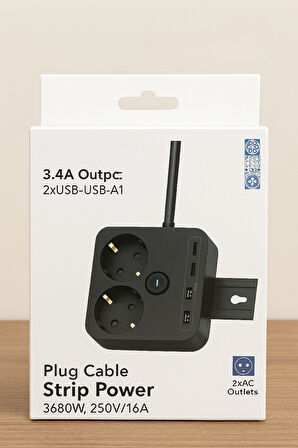 2 Prizli 2 USB Girişli Duvar Tipi Anahtarlı Priz – 3680W Güç, 16A, USB Şarj Özellikli