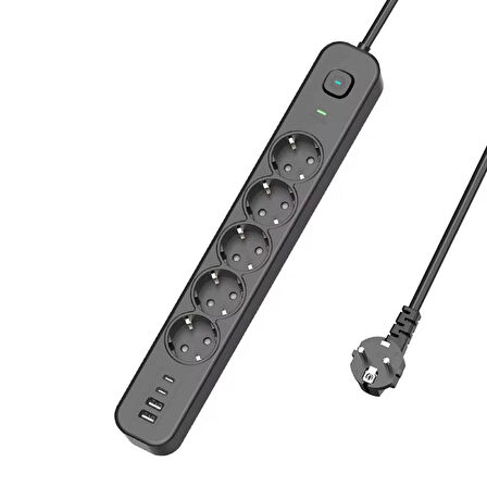 USB-C + USB-A Girişli 5'li Akım Korumalı Priz | 2m Kablo 3680W