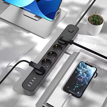 USB-C + USB-A Girişli 5'li Akım Korumalı Priz | 2m Kablo 3680W