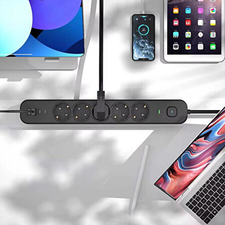USB-C + USB-A Girişli 5'li Akım Korumalı Priz | 2m Kablo 3680W