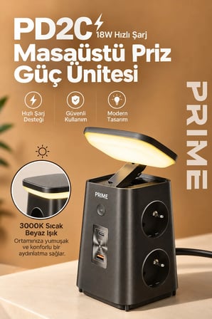 Akım Korumalı 4'lü Priz  20W PD Hızlı Şarj USB-A ve 2x USB-C Çıkışlı Katlanabilir Gece Lambalı Güç Ünitesi