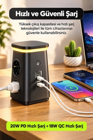 Akım Korumalı 4'lü Priz  20W PD Hızlı Şarj USB-A ve 2x USB-C Çıkışlı Katlanabilir Gece Lambalı Güç Ünitesi
