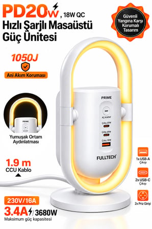 Masaüstü Priz ve Şarj İstasyonu 20W Type-C PD 18W USB Hızlı Şarj Led Lamba Çoklu Priz Ünitesi 1.9m