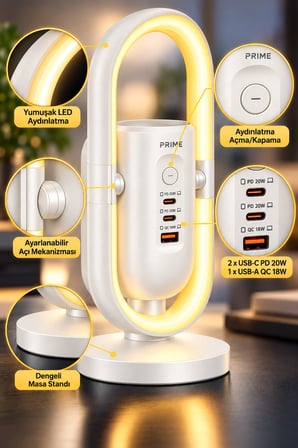 Masaüstü Priz ve Şarj İstasyonu 20W Type-C PD 18W USB Hızlı Şarj Led Lamba Çoklu Priz Ünitesi 1.9m