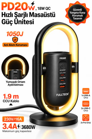 Masaüstü Priz ve Şarj İstasyonu 20W Type-C PD 18W USB Hızlı Şarj Led Lamba Çoklu Priz Ünitesi 1.9m