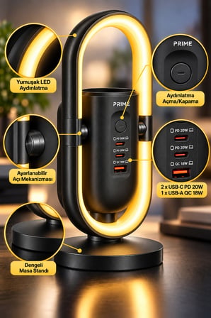 Masaüstü Priz ve Şarj İstasyonu 20W Type-C PD 18W USB Hızlı Şarj Led Lamba Çoklu Priz Ünitesi 1.9m