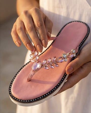 ODETTE Pembe Hakiki Deri Taş İşlemeli Parmak Arası Kadın Terlik