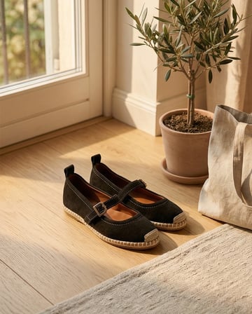 CORAL Siyah Hakiki Deri Toka Detaylı Kadın Espadril Ayakkabı
