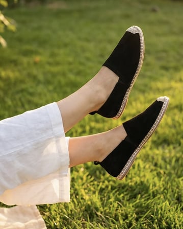 GARDENIA Siyah Süet Dokulu Hakiki Deri Espadril