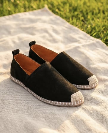 GARDENIA Siyah Süet Dokulu Hakiki Deri Espadril