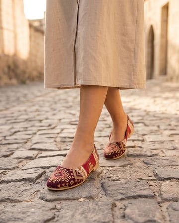VITTORIA Hakiki Deri Etnik Desenli Kadın Bordo Kilim Desenli Babet