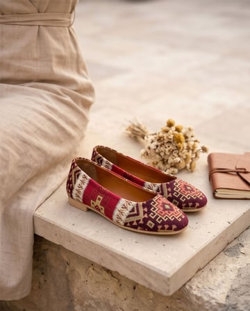 VITTORIA Hakiki Deri Etnik Desenli Kadın Bordo Kilim Desenli Babet