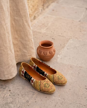 VITTORIA Hakiki Deri Etnik Desenli Kadın Sarı Kilim Desenli Babet