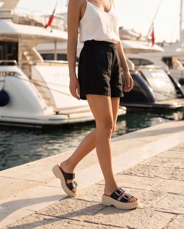 COLETTE Siyah Hakiki Deri Çift Tokalı Dolgu Taban Kadın Terlik