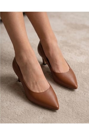 ROWAN Taba Hakiki Deri Stiletto Kısa Topuklu Ayakkabı
