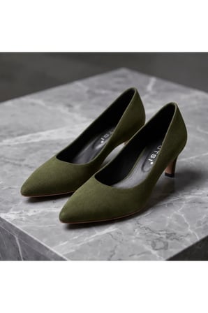 ROWAN Haki Hakiki Süet Deri Stiletto Kısa Topuklu Ayakkabı