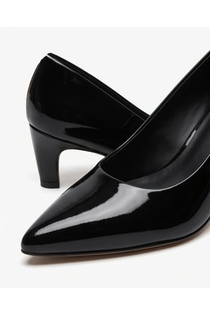 ROWAN Siyah Rugan Hakiki Deri Stiletto Kısa Topuklu Ayakkabı