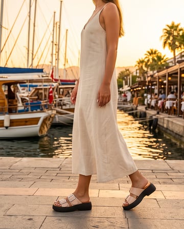 COLETTE Bej Hakiki Deri Çift Tokalı Dolgu Taban Kadın Terlik