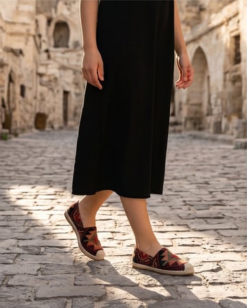 VIOLA Bordo Hakiki Deri Kilim Desenli Kadın Etnik Desen Espadril Ayakkabı