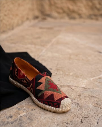 VIOLA Bordo Hakiki Deri Kilim Desenli Kadın Etnik Desen Espadril Ayakkabı