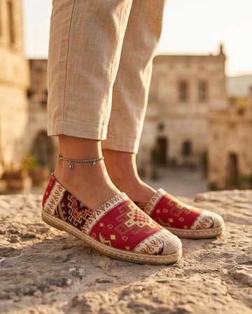 VIOLA Kırmızı Hakiki Deri Kilim Desenli Kadın Etnik Desen Espadril Ayakkabı