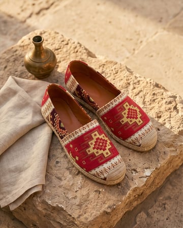 VIOLA Kırmızı Hakiki Deri Kilim Desenli Kadın Etnik Desen Espadril Ayakkabı