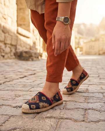 VIOLA Lacivert Hakiki Deri Kilim Desenli Kadın Etnik Desen Espadril Ayakkabı