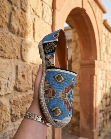 VIOLA Mavi Hakiki Deri Kilim Desenli Kadın Etnik Desen Espadril Ayakkabı