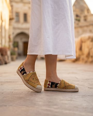 VIOLA Sarı Hakiki Deri Kilim Desenli Kadın Etnik Desen Espadril Ayakkabı