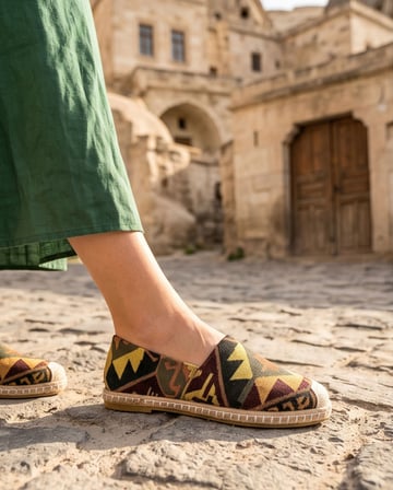 VIOLA Siyah Hakiki Deri Kilim Desenli Kadın Etnik Desen Espadril Ayakkabı