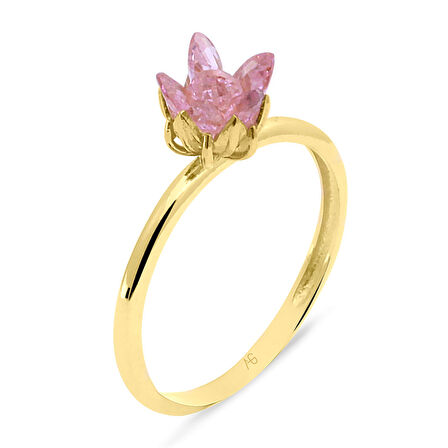 Pembe Taşlı Altın Lotus Çiçeği Yüzük (FTY0255)