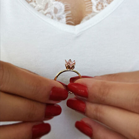 Pembe Taşlı Altın Lotus Çiçeği Yüzük (FTY0255)