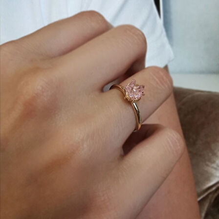 Pembe Taşlı Altın Lotus Çiçeği Yüzük (FTY0255)