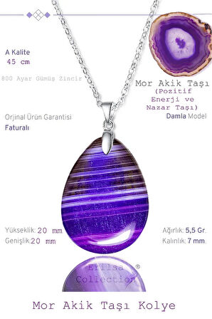 Sertifikalı Damla Model Damarlı Mor Akik Taşı Kolye (GÜMÜŞ APARATLI)