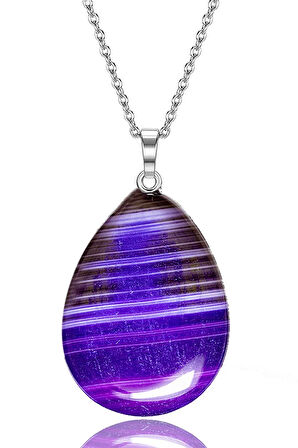 Sertifikalı Damla Model Damarlı Mor Akik Taşı Kolye (GÜMÜŞ APARATLI)