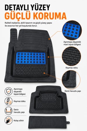Peugeot e-308 (2021-2024) 5 Parça Universal Havuzlu Oto Paspas Seti Mavi