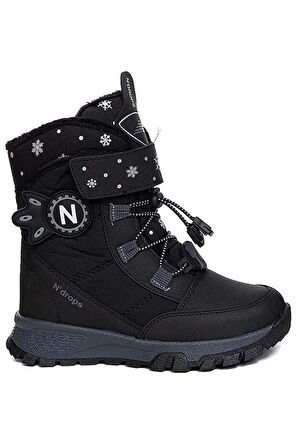 Ndrops Dayanıklı, Su Geçirmez, Ortopedik, Cırtlı, Siyah-Füme Kız Çocuk Kar Botu Ayakkabı