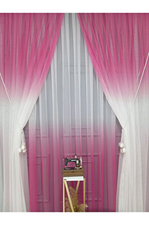 Fuşya Renkli Renk Geçişli Değrade Sağ/Sol Takım Tül Fon Perde